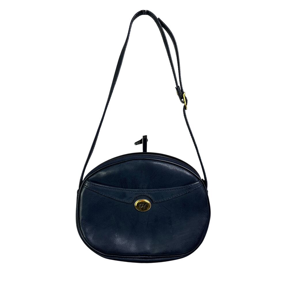 Hexagona Paris Handbag Womens Navy Blue Oval Shape Gold‎ Trim Old Money Classic